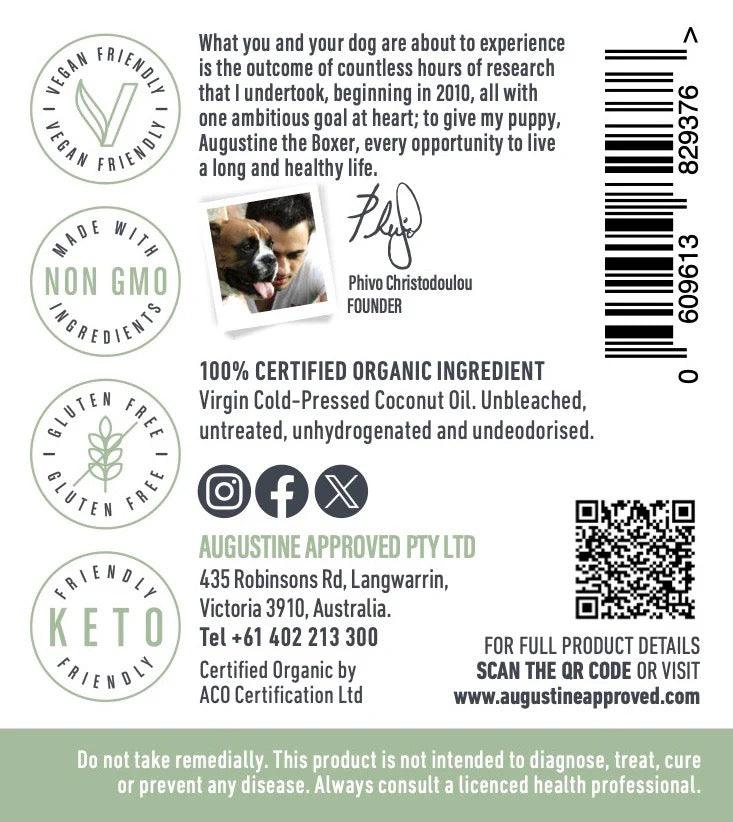 AUGUSTINE APPROVED Raw Coconut Oil (Certified Organic - for Dogs & Cats) - 280G - Sparklet