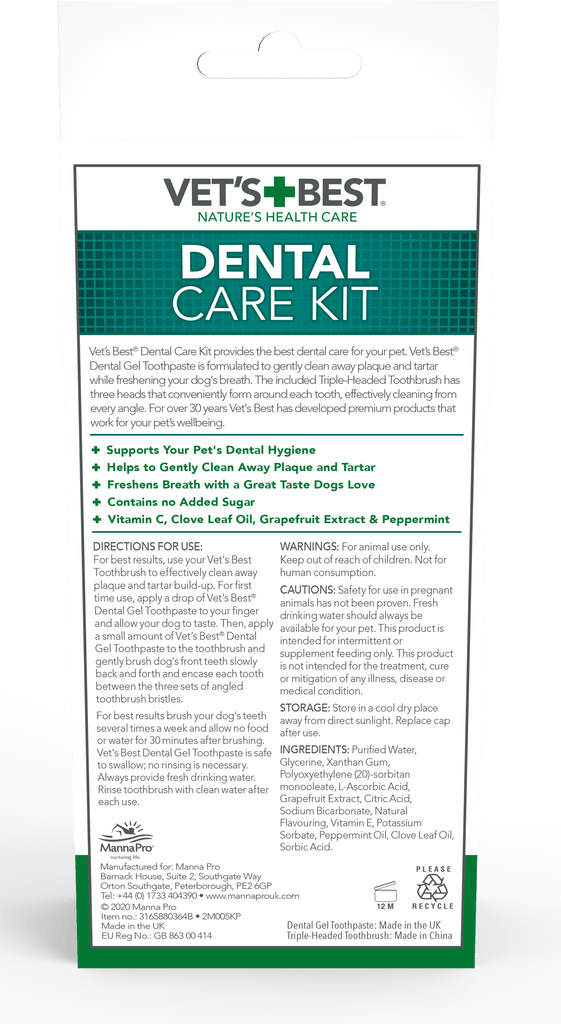 VET'S BEST Dental Care Kit For Dogs (Triple Headed Toothbrush + Gel Toothpaste) - Sparklet